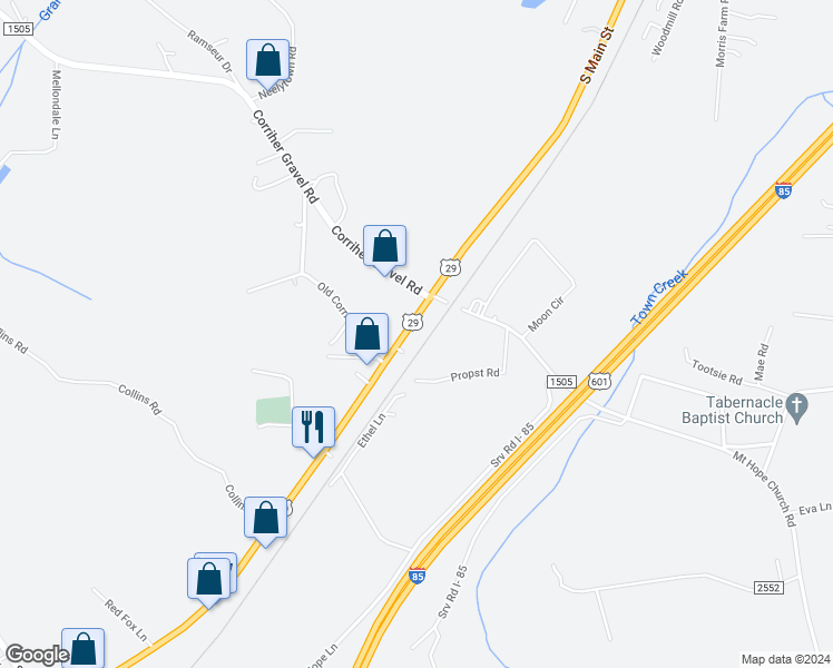 map of restaurants, bars, coffee shops, grocery stores, and more near 2050 North Main Street in China Grove