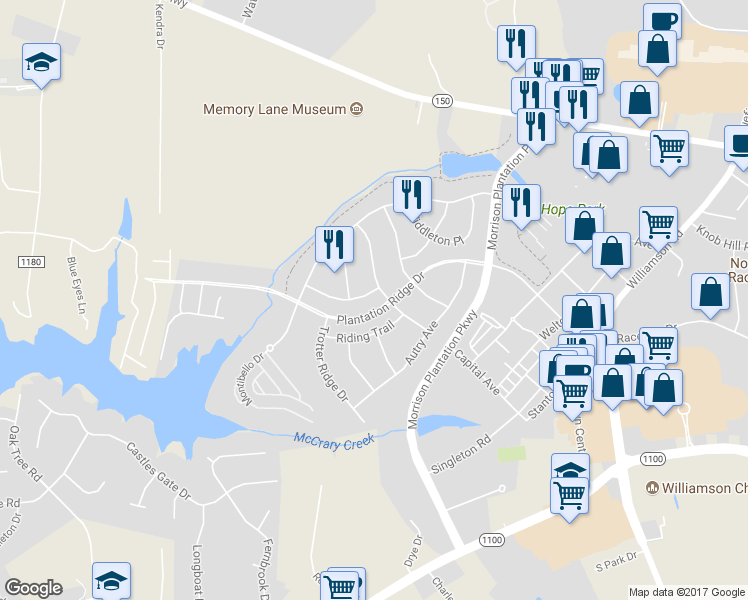 map of restaurants, bars, coffee shops, grocery stores, and more near 107 Steeplechase Avenue in Mooresville