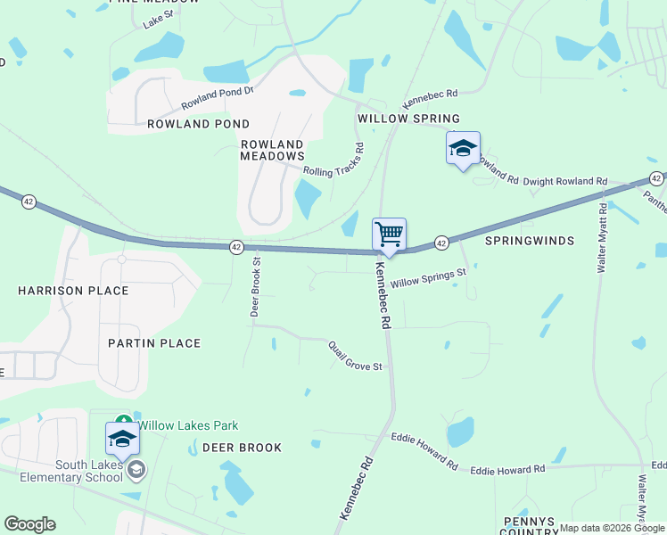 map of restaurants, bars, coffee shops, grocery stores, and more near 1713 North Carolina 42 in Wake County
