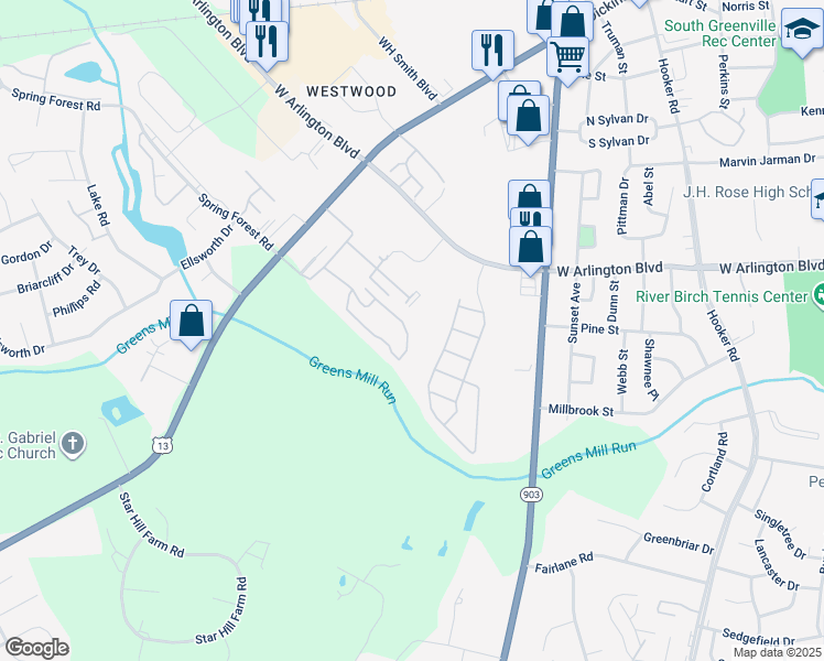 map of restaurants, bars, coffee shops, grocery stores, and more near 1225 Cross Creek Circle in Greenville