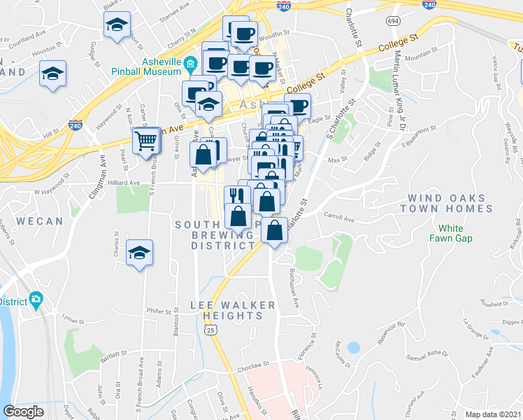 map of restaurants, bars, coffee shops, grocery stores, and more near 19 Church Street in Asheville