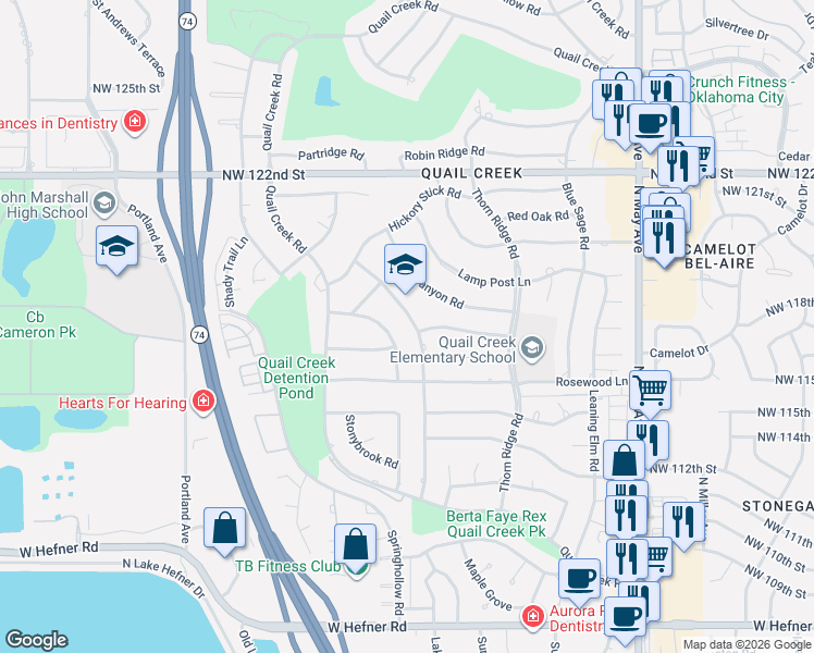map of restaurants, bars, coffee shops, grocery stores, and more near 11700 Twisted Oak Road in Oklahoma City