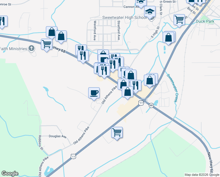map of restaurants, bars, coffee shops, grocery stores, and more near 800 New Highway 68 in Sweetwater