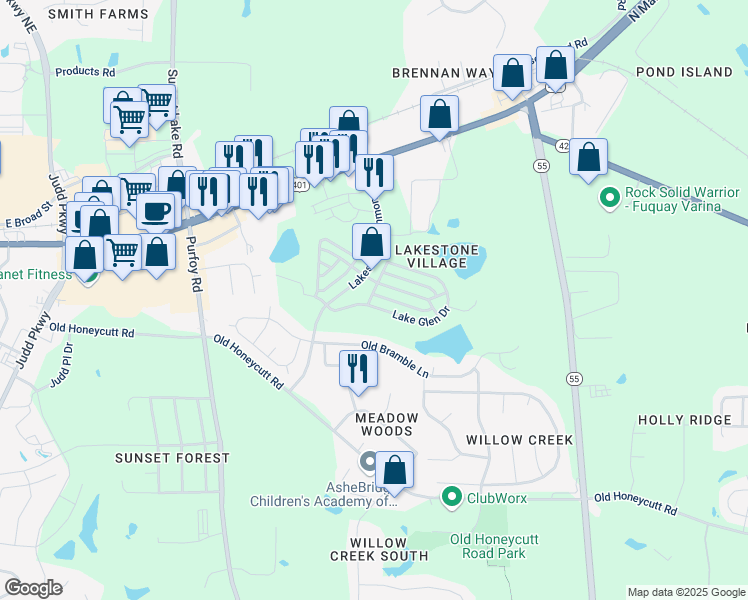 map of restaurants, bars, coffee shops, grocery stores, and more near 1601 Lake Glen Drive in Fuquay Varina