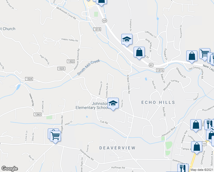 map of restaurants, bars, coffee shops, grocery stores, and more near 113 Estelle Park Drive in Asheville