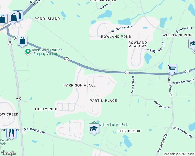 map of restaurants, bars, coffee shops, grocery stores, and more near 3300 Dover Wood Lane in Fuquay-Varina