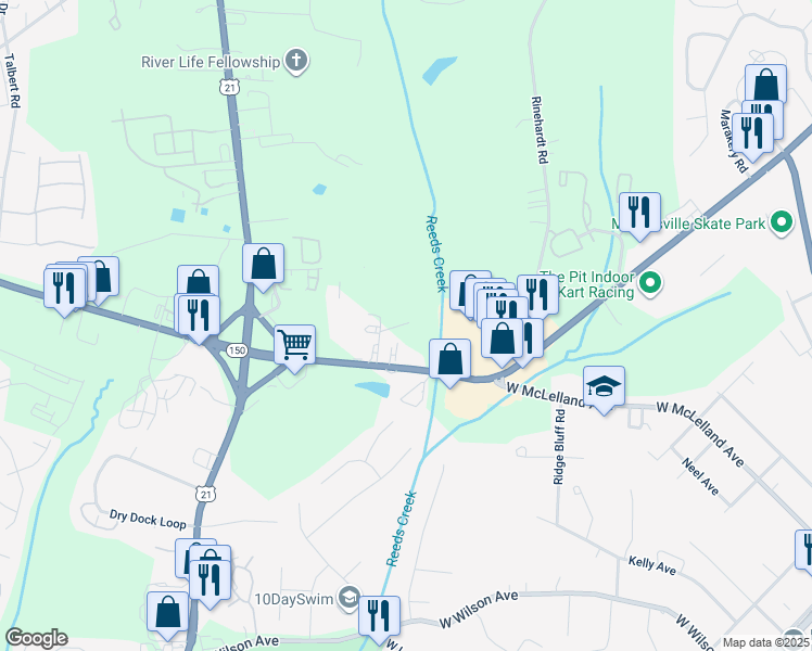 map of restaurants, bars, coffee shops, grocery stores, and more near 118 Loc Doc Place in Mooresville