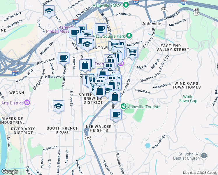 map of restaurants, bars, coffee shops, grocery stores, and more near 175 South Lexington Avenue in Asheville