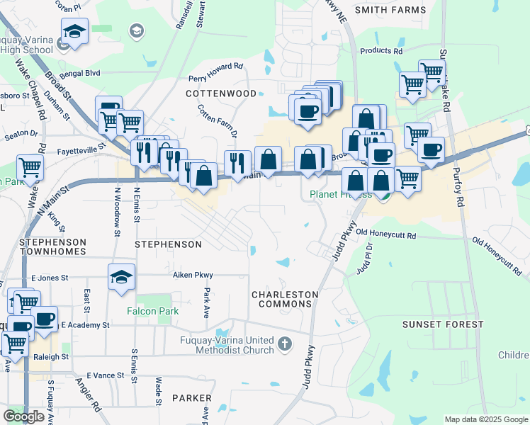 map of restaurants, bars, coffee shops, grocery stores, and more near 504 Smithwood Street in Fuquay Varina