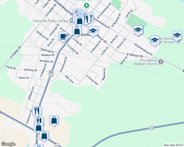 map of restaurants, bars, coffee shops, grocery stores, and more near 4159 Martha Loop in Farmville