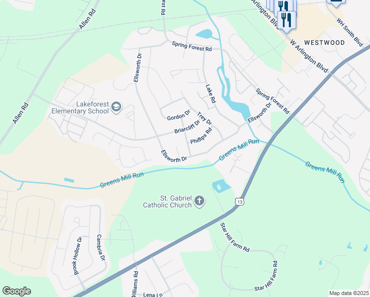 map of restaurants, bars, coffee shops, grocery stores, and more near 203 Courtney Place in Greenville