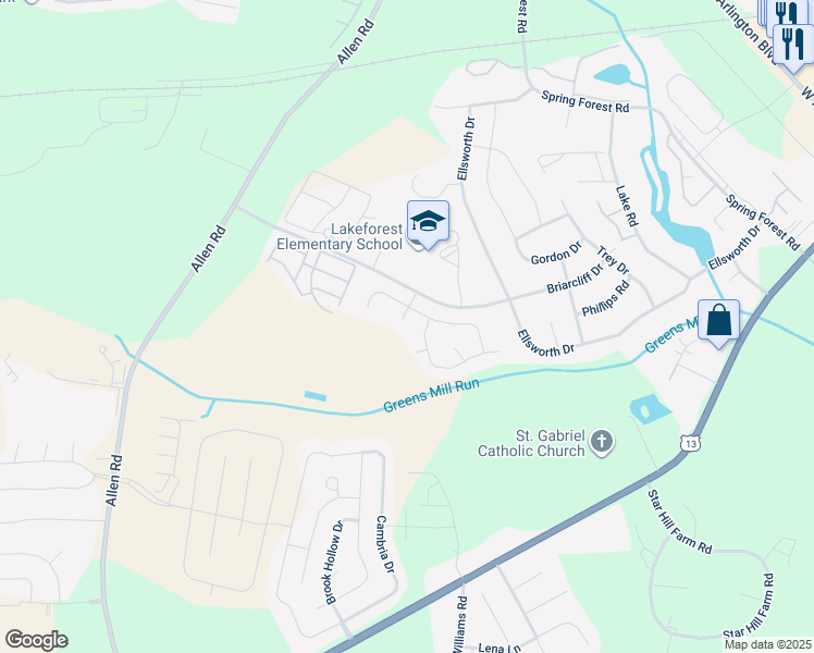 map of restaurants, bars, coffee shops, grocery stores, and more near 405 Falling Creek Drive in Greenville