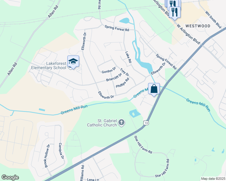 map of restaurants, bars, coffee shops, grocery stores, and more near 203 Courtney Place in Greenville