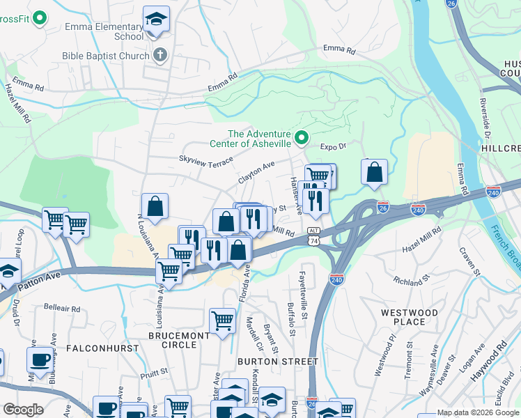 map of restaurants, bars, coffee shops, grocery stores, and more near 20 Townview Drive in Asheville