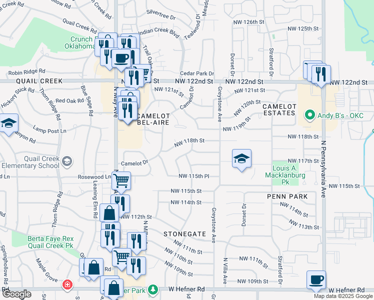 map of restaurants, bars, coffee shops, grocery stores, and more near 2617 Northwest 118th Street in Oklahoma City