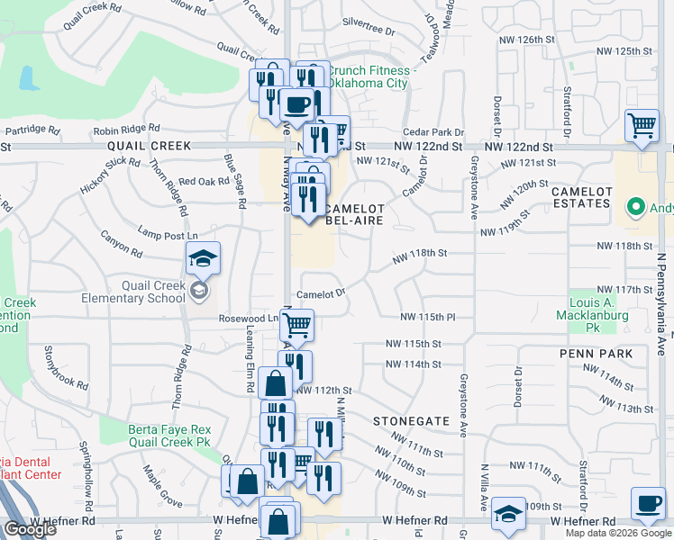 map of restaurants, bars, coffee shops, grocery stores, and more near 11909 Camelot Place in Oklahoma City