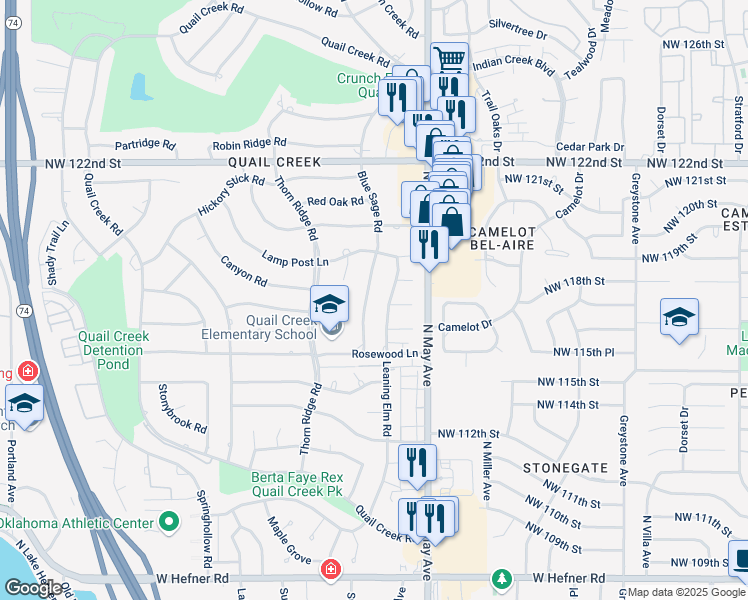map of restaurants, bars, coffee shops, grocery stores, and more near 11825 Leaning Elm Road in Oklahoma City