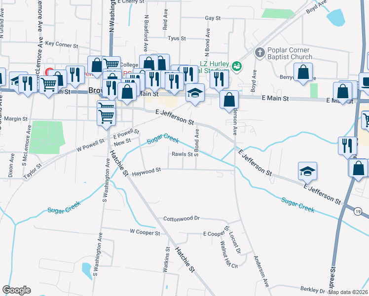 map of restaurants, bars, coffee shops, grocery stores, and more near 226 South Park Avenue in Brownsville