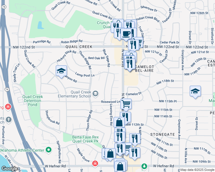 map of restaurants, bars, coffee shops, grocery stores, and more near 11825 Leaning Elm Road in Oklahoma City