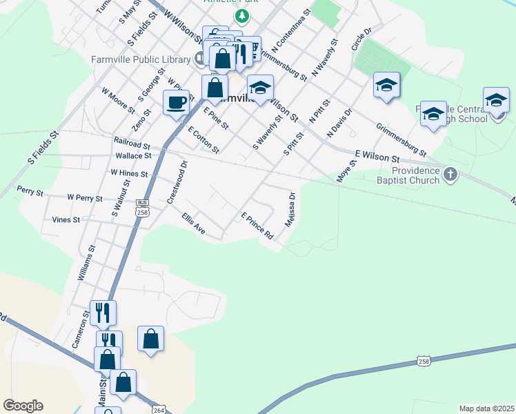 map of restaurants, bars, coffee shops, grocery stores, and more near 4159 Martha Loop in Farmville