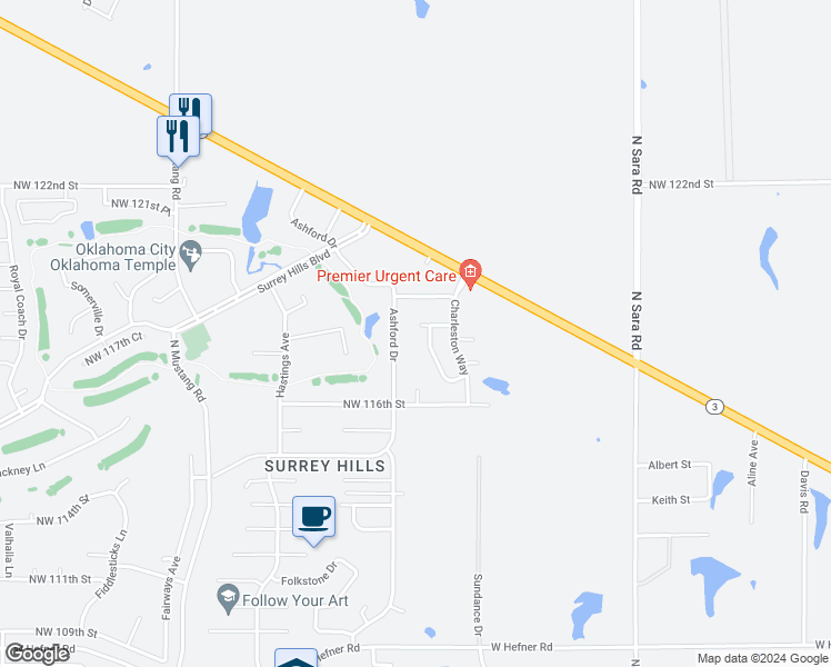 map of restaurants, bars, coffee shops, grocery stores, and more near 10920 Northwest 118th Street in Yukon