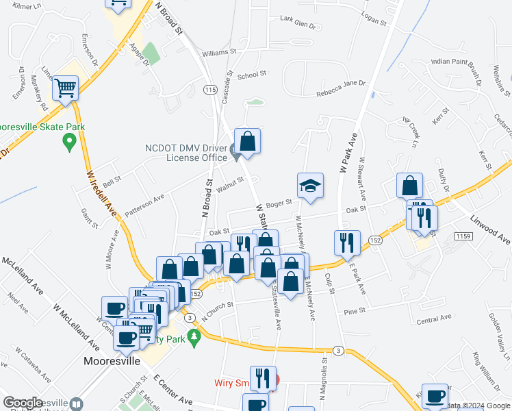 map of restaurants, bars, coffee shops, grocery stores, and more near 238 West Statesville Avenue in Mooresville