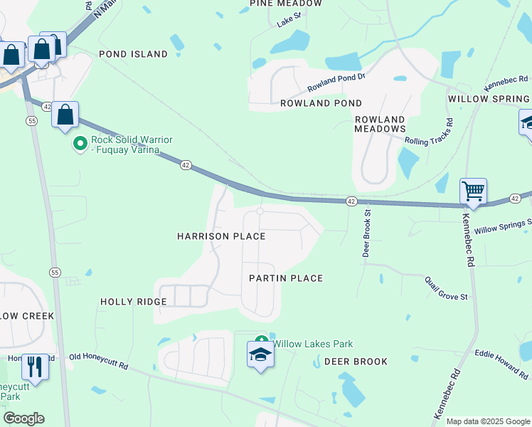 map of restaurants, bars, coffee shops, grocery stores, and more near 3300 Dover Wood Lane in Fuquay-Varina