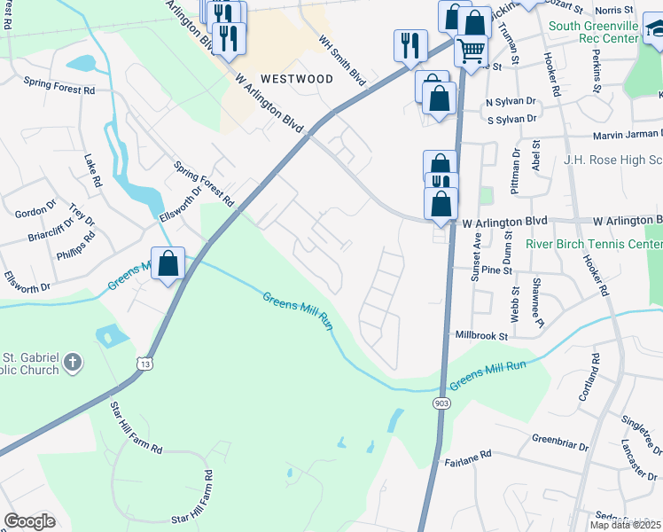 map of restaurants, bars, coffee shops, grocery stores, and more near 1222 Cross Creek Circle in Greenville