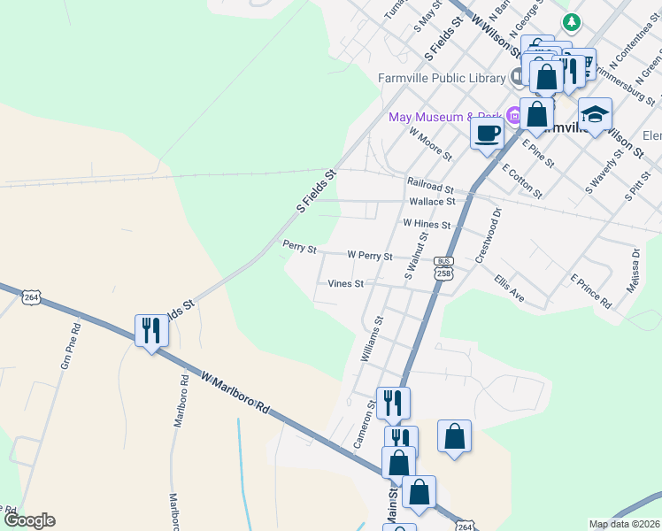 map of restaurants, bars, coffee shops, grocery stores, and more near 4439-4453 West Perry Street in Farmville