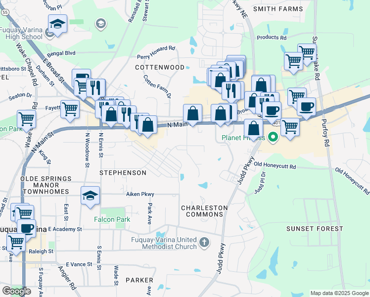 map of restaurants, bars, coffee shops, grocery stores, and more near 955 Trestleview Street in Fuquay-Varina