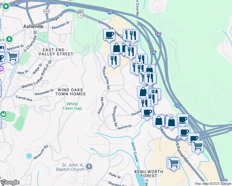 map of restaurants, bars, coffee shops, grocery stores, and more near 350 Beaucatcher Road in Asheville