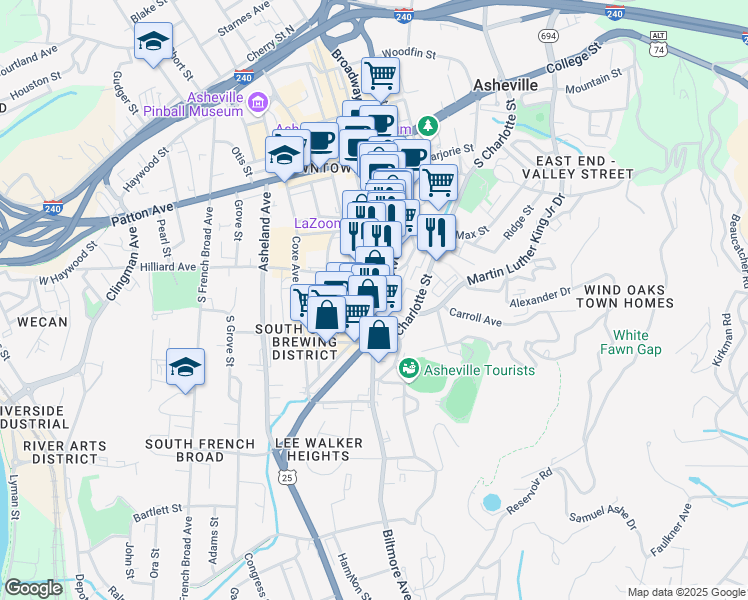 map of restaurants, bars, coffee shops, grocery stores, and more near 130 U.S. 25 in Asheville