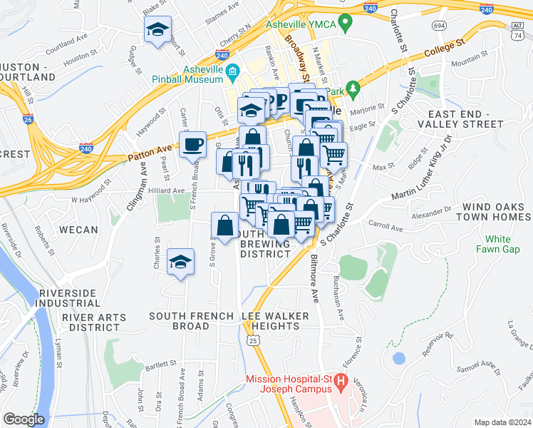 map of restaurants, bars, coffee shops, grocery stores, and more near 43 Ravenscroft Drive in Asheville
