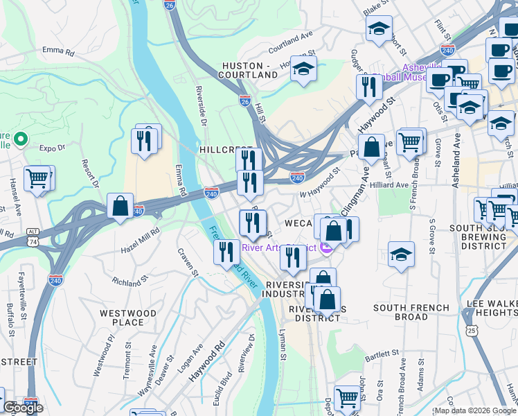 map of restaurants, bars, coffee shops, grocery stores, and more near 10 Roberts Street in Asheville