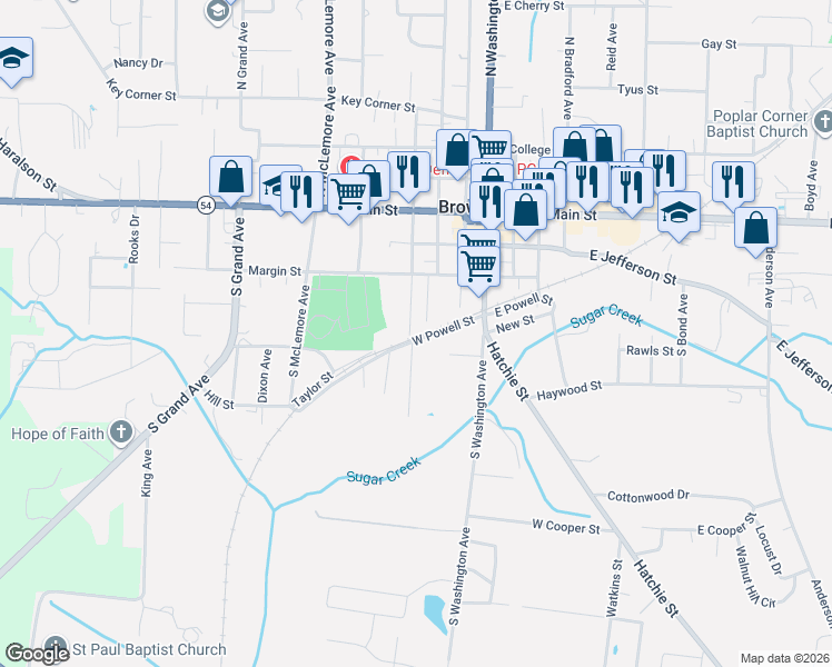map of restaurants, bars, coffee shops, grocery stores, and more near 212-498 South Russell Avenue in Brownsville