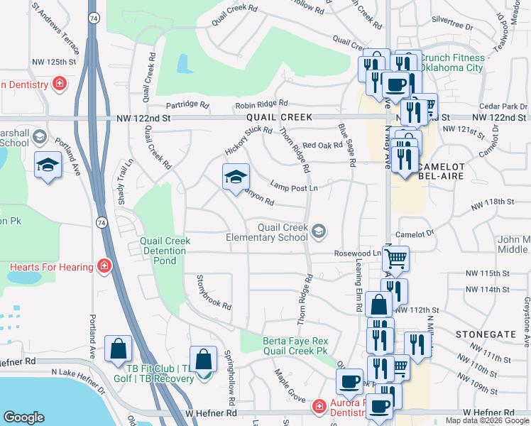 map of restaurants, bars, coffee shops, grocery stores, and more near 3124 Canyon Road in Oklahoma City