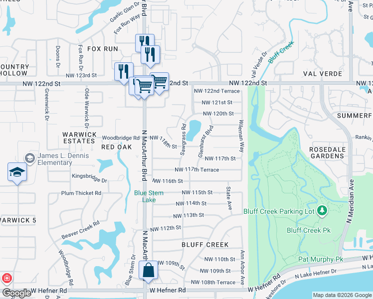 map of restaurants, bars, coffee shops, grocery stores, and more near 11900 Sawgrass Road in Oklahoma City