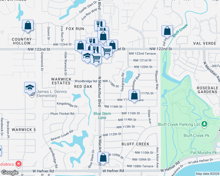 map of restaurants, bars, coffee shops, grocery stores, and more near 11905 Dornick Circle in Oklahoma City