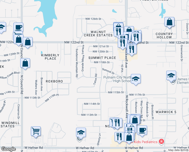 map of restaurants, bars, coffee shops, grocery stores, and more near 11719 Teton Road in Oklahoma City