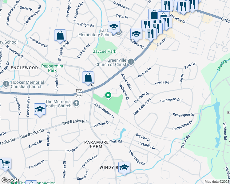 map of restaurants, bars, coffee shops, grocery stores, and more near 202 Hardee Circle in Greenville
