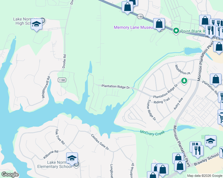 map of restaurants, bars, coffee shops, grocery stores, and more near 143 Plantation Ridge Drive in Mooresville