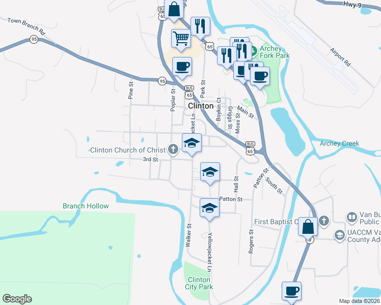 map of restaurants, bars, coffee shops, grocery stores, and more near 5 Joe Bowling Road in Clinton