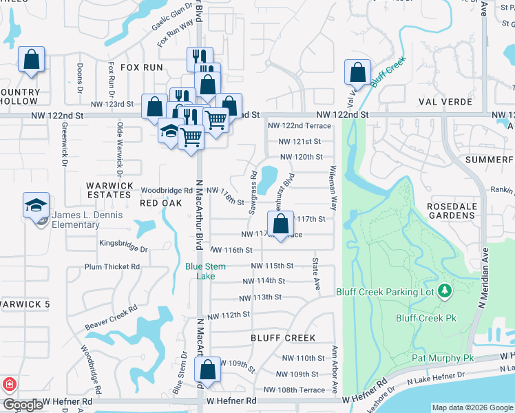 map of restaurants, bars, coffee shops, grocery stores, and more near 11900 Sawgrass Road in Oklahoma City