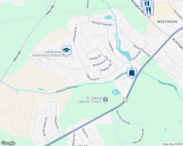 map of restaurants, bars, coffee shops, grocery stores, and more near 205 Whittington Circle in Greenville