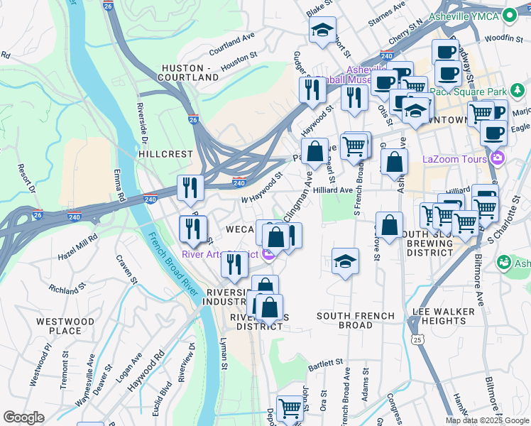 map of restaurants, bars, coffee shops, grocery stores, and more near 24 Jefferson Drive in Asheville