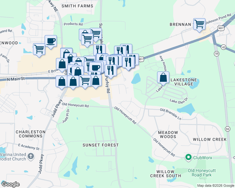 map of restaurants, bars, coffee shops, grocery stores, and more near 521 Cardena School Road in Fuquay-Varina