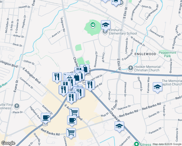 map of restaurants, bars, coffee shops, grocery stores, and more near 901 Greenville Blvd SE in Greenville