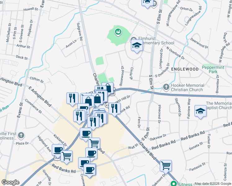 map of restaurants, bars, coffee shops, grocery stores, and more near 901 Greenville Blvd SE in Greenville