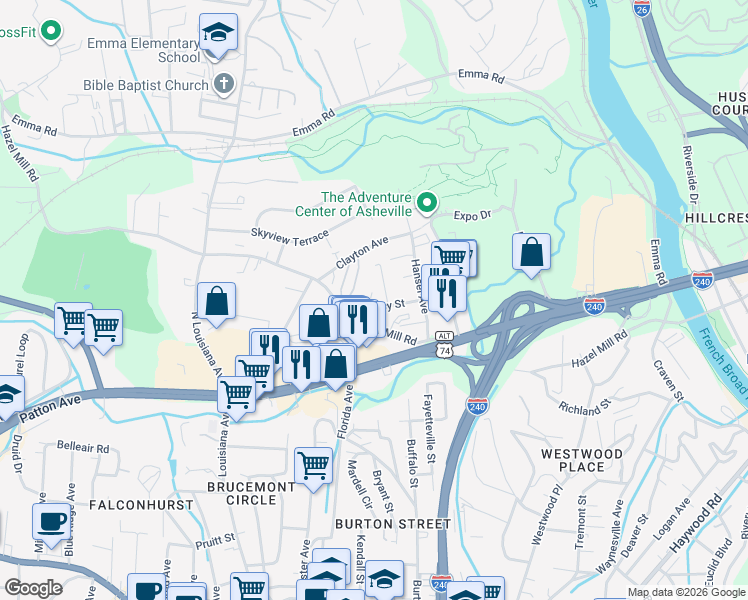 map of restaurants, bars, coffee shops, grocery stores, and more near 20 Townview Drive in Asheville