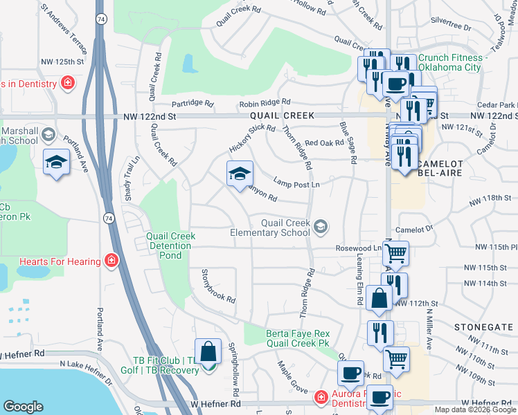 map of restaurants, bars, coffee shops, grocery stores, and more near 3124 Canyon Road in Oklahoma City